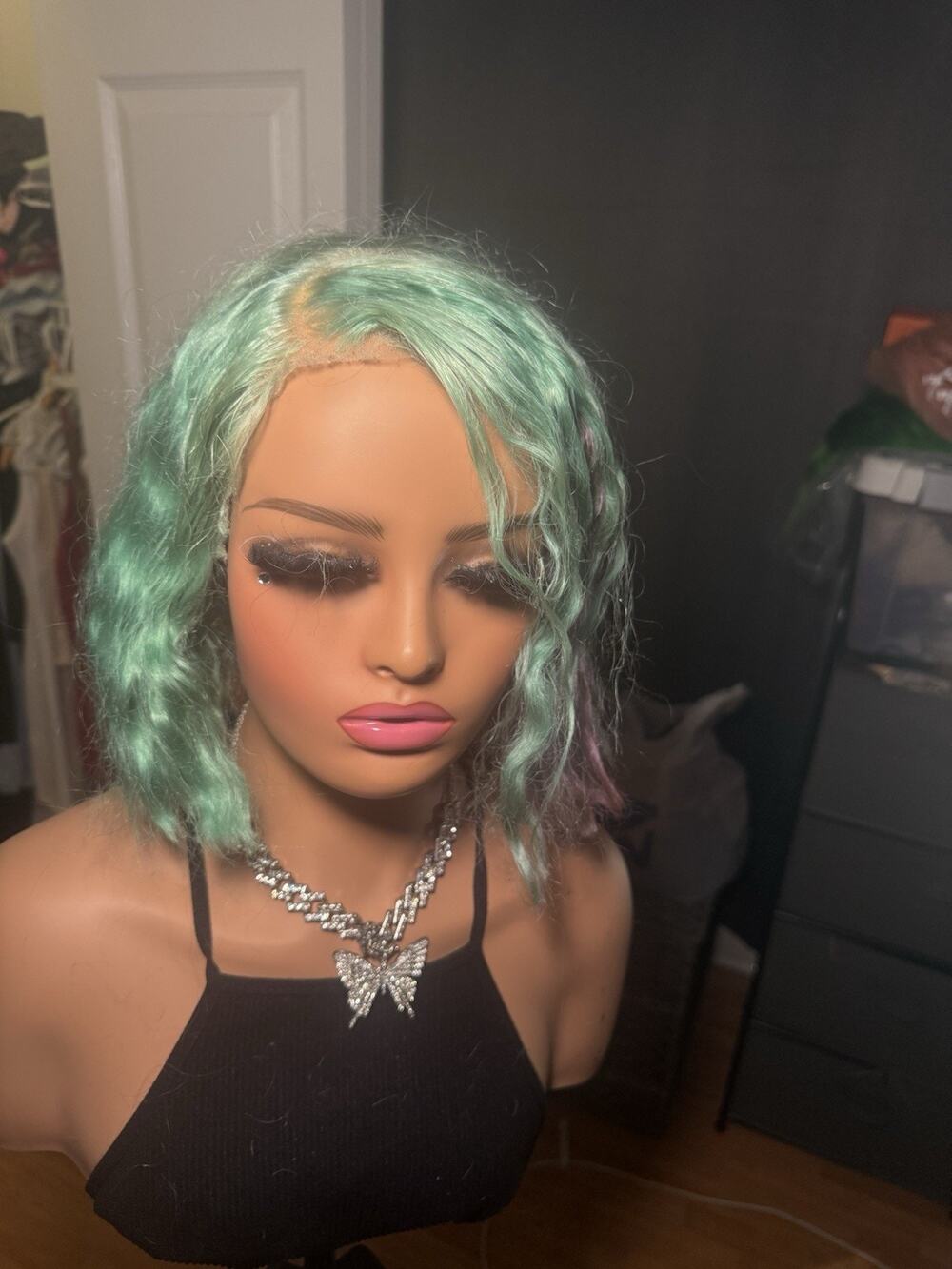 13x6 Human Hair Lace Front Wig Mint Green Wavy Pre-Plucked